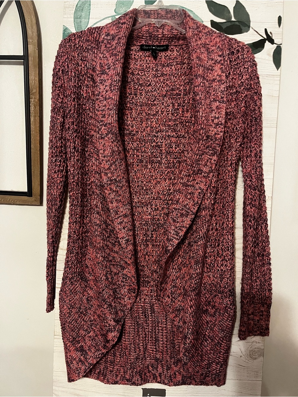 Derek Heart Marled Open-Front Cardigan in Pink and Black
